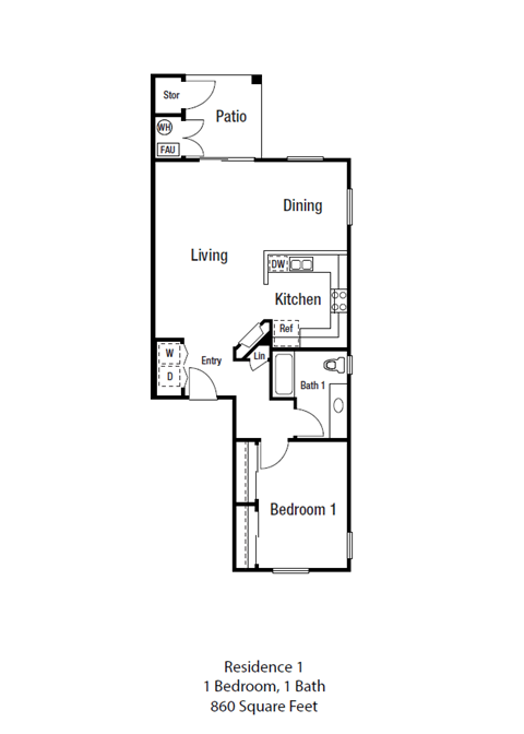 Floor plan for 1 bed, 1 bath, 860 sqft